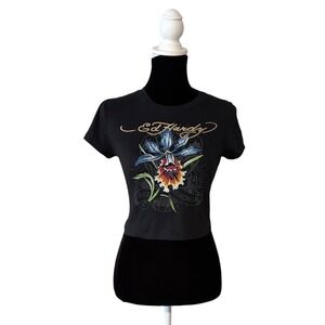 Ed Hardy Orchid Graphic Baby Tee Womens Large Black Crop Y2K Tattoo T Shirt